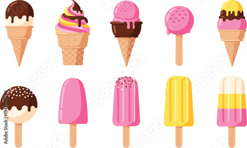 Colorful ice cream and popsicle collection set, sweet frozen dessert assortment with cones, chocolate toppings, fruit pops, and summer treat vector illustration
