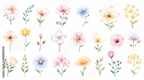 Natural inspired watercolor floral garlands forming decorative horizontal frames with delicate blooming branches.