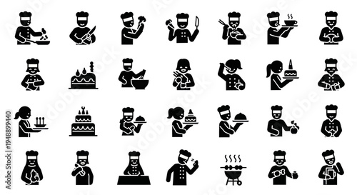 Chef Icons: Cooking, Baking, Serving Food, Barbecue - Black and White Glyphs