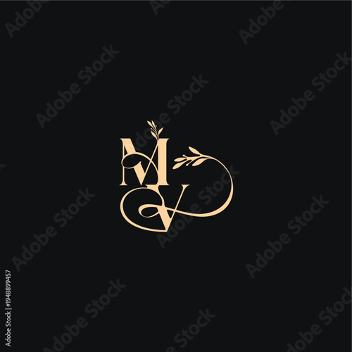monogram elegant concept luxury feel with wavy line MV organic leaves wedding logo letter