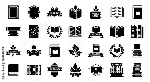 Black Glyph Icons of Books and Reading for Education  Knowledge
