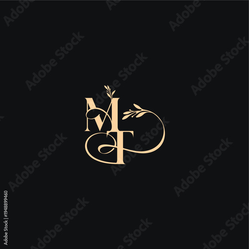 monogram elegant concept luxury feel with wavy line MT organic leaves wedding logo letter