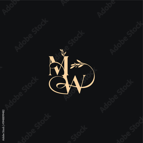monogram elegant concept luxury feel with wavy line MW organic leaves wedding logo letter