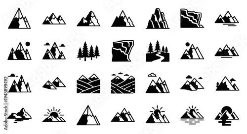 Mountain Icons Set, Landscape Symbols, Nature Glyph Art