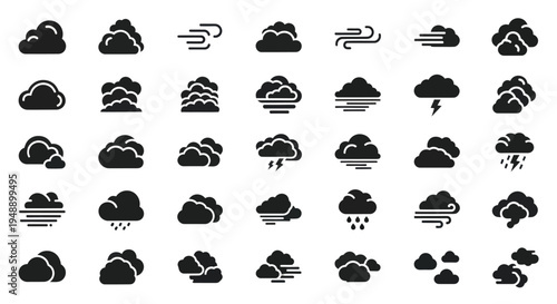 Black  White Cloud Icons Set, Weather and Sky Symbols