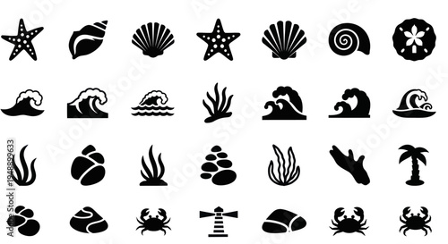 Black  White Glyph Icons of Ocean Sea Life and Beach Elements