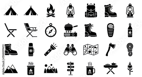 Camping Icons Set Black  White Glyph Style for Outdoor Adventure