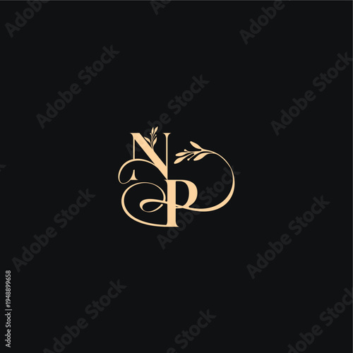 monogram elegant concept luxury feel with wavy line NP organic leaves wedding logo letter