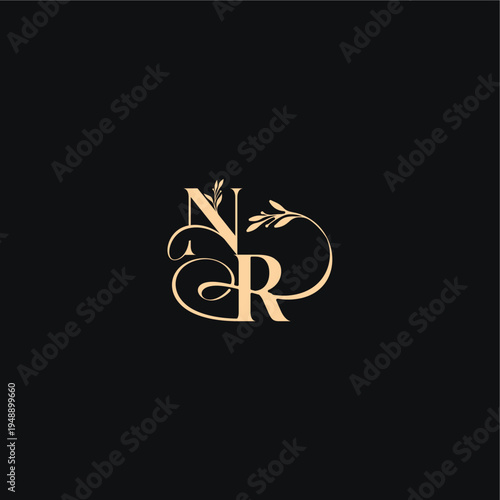 monogram elegant concept luxury feel with wavy line NR organic leaves wedding logo letter