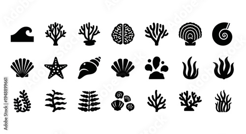 Underwater Life Icons: Coral, Seashells, Starfish, Seaweed, Wave, Brain Coral