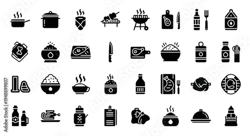 Food Icons: Cooking, Grilling, Kitchenware, Ingredients in Black Glyph Style
