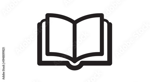 Simple black and white vector graphic illustration representing an open book icon for reading
