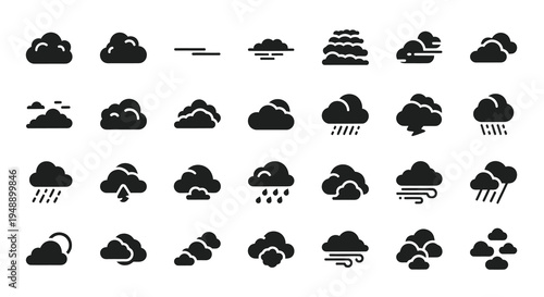 Black and White Cloud Icons Set, Weather Symbols, Vector Art