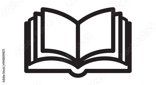 Simple black and white vector graphic illustration of an open book icon for reading and knowledge