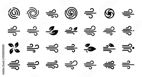 Set of Black and White Wind Icons in Line Art Style