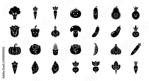Black  White Glyph Icons of Cute Vegetables with Happy Faces