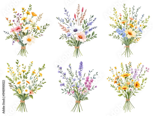 Whimsical watercolor wildflower arrangements forming horizontal floral borders for romantic design compositions and stationery.