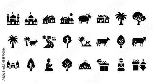 Islamic Icons Set, Mosque, Goat, House, Tree, Prayer, Gift, Glyph Style