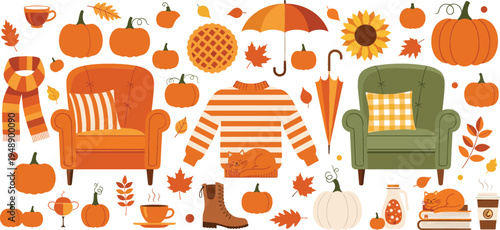 Cozy autumn elements collection with armchairs, pumpkins, sweater, umbrella, sunflower, boots, coffee, and fall leaves seasonal vector illustration set