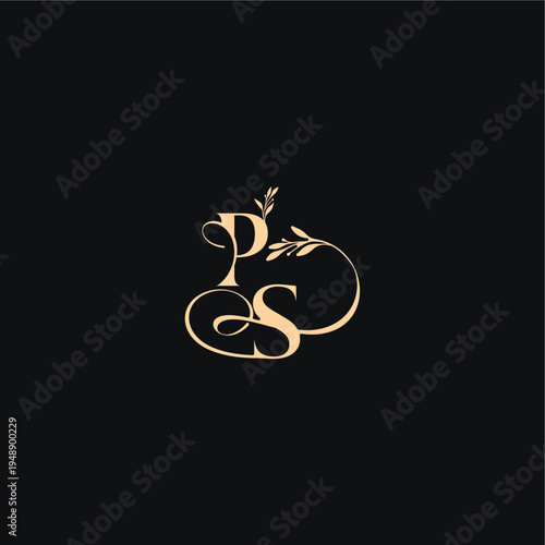 monogram elegant concept luxury feel with wavy line PS organic leaves wedding logo letter