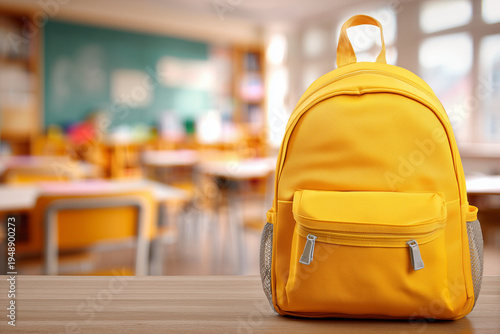 Bright yellow school backpack on a wooden desk in a blurred classroom background, back to school concept
