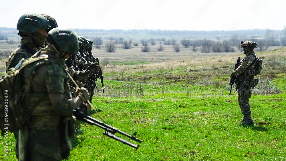 Fototapeta premium Modern Russian soldiers during training at the training ground