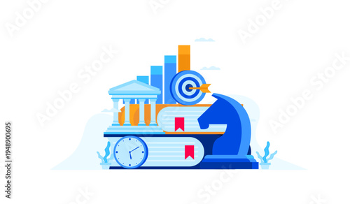 Business Strategy, Financial Education, and Time Management Concept with Books, Target, Chess Knight, and Clock Illustration