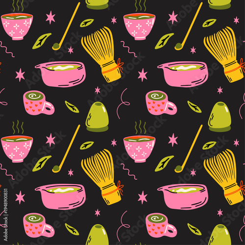 Making matcha latte vector seamless pattern with cartoon groovy funky illustration of japanese tea drink for restaurant or cafe kawaii menu design, branding, shop, culinary food blog