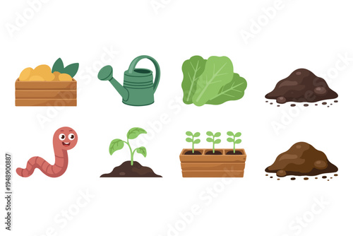 Gardening and organic farming vector icon set in flat cartoon style. Home gardening tools and vegetable seedlings collection on white background. 