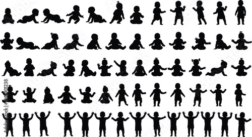 Baby silhouettes collection, crawling sitting and standing infant poses set, black toddler child growth stages isolated vector