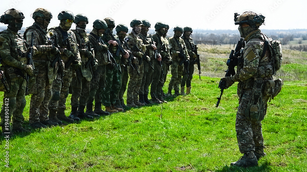 Fototapeta premium Modern Russian soldiers during training at the training ground