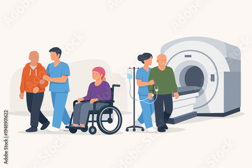 Nursing assistants helping cancer patients for radiotherapy and medical checkups. Flat vector illustration of medical staff supporting oncology patients with wheelchair and IV drip near MRI scanner.