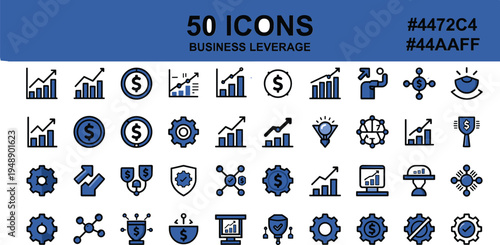 Business leverage icon set collection, finance growth analytics management strategy corporate vector symbols pack