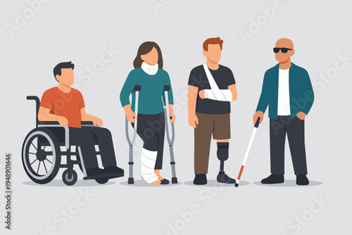Flat vector illustration of diverse people with physical disabilities and injuries; featuring a man in a wheelchair, a woman with crutches and a leg cast, an amputee with a prosthetic leg, and a