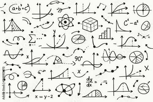 Seamless background vector illustration of hand-drawn mathematical formulas, scientific equations, graphs, and geometry doodles. Ideal for education, school, university, and research themes.