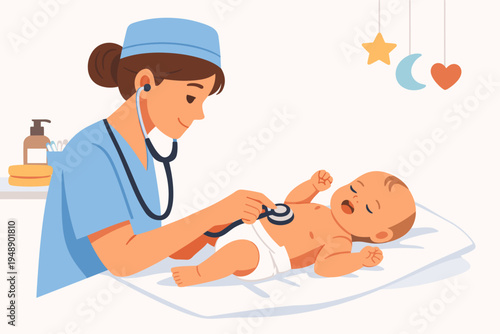 Female pediatrician or nurse in blue scrubs using a stethoscope to examine a newborn baby on a changing table. Flat vector illustration of infant healthcare, medical checkup, and neonatal care.