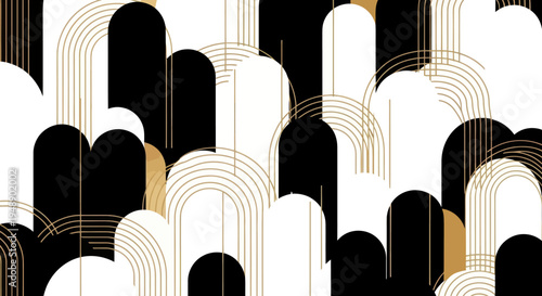 Art Deco Abstract Arches Black White Gold Pattern Background