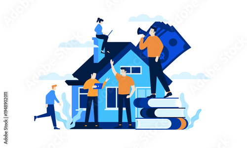 Real Estate Investment and Property Management Concept with People, House, Finance, and Education