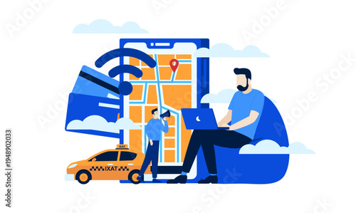 Online Taxi Service App with Map Navigation and Digital Payment. Men Using Laptop and Megaphone for Ride Booking and Promotion.