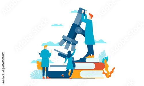 People conducting scientific research and education using a microscope and books illustration