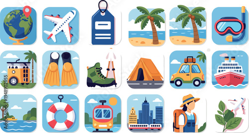 Travel and Adventure Icons Set Flat Vector Illustrations
