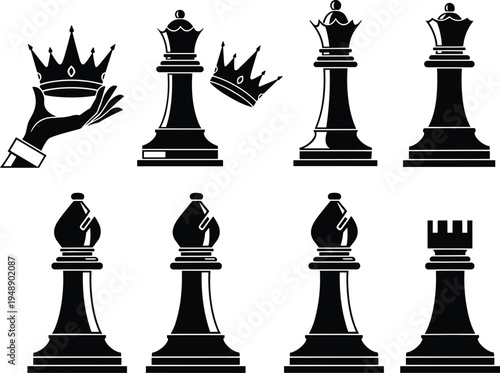 Chess Pieces Silhouette Collection Featuring King, Queen, Bishop, Rook and Crown Symbols for Strategy Game and Leadership Concept