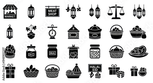 Islamic Eid Collection Icons - Market, Food, Lanterns, Gifts, Meat