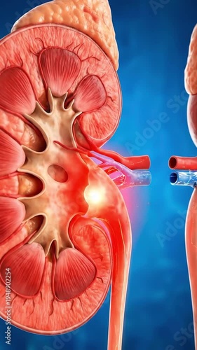 Detailed 3d illustration of human kidney anatomy with an illuminated medical anomaly, suitable for medical education, health awareness campaigns, scientific presentations, and anatomical studies.