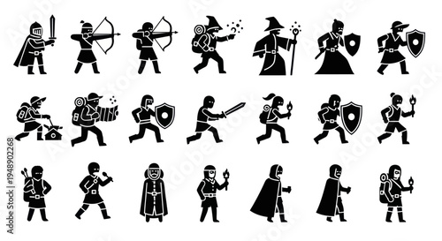 Medieval Fantasy RPG Characters Icons Set Black Glyph Art