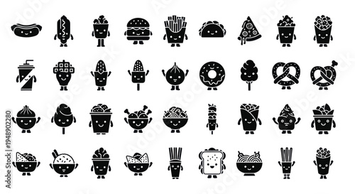 Cute Food Icons, Kawaii Characters, Black and White Glyph Style