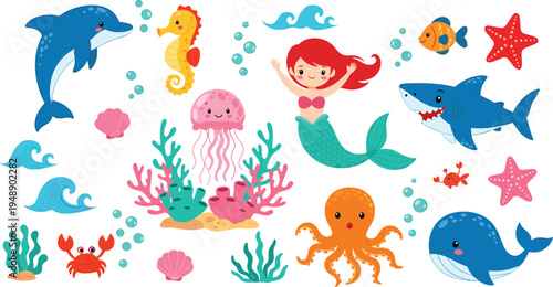Cute underwater sea life collection with mermaid, dolphin, shark, octopus, jellyfish, starfish, coral reef, and ocean animals vector illustration set