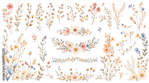 Watercolor Wildflower Border Set with Subtle Earthy Colors and Elegant Composition