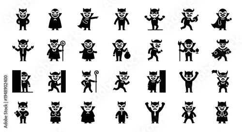 Black Icons Set Vampire Bat Monster Character Silhouette Glyph Art