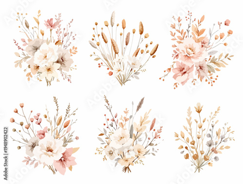 Romantic Botanical Border Set with Airy Leaves and Subtle Vintage Color Palette